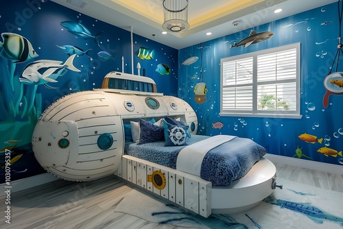 An underwater-themed kids' room with a bed shaped like a submarine, fish wall decals, and an ocean blue palette photo