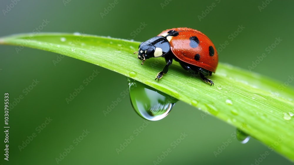 Ladybug on Dew-Kissed Leaf: A captivating close-up reveals a ladybug perched on a dew-drenched blade of grass, its vibrant red and black markings contrasting beautifully with the shimmering droplets. Ladybug on Dew-Kissed Leaf: A captivating close-up reveals a ladybug perched on a dew-drenched blade of grass, its vibrant red and black markings contrasting beautifully with the shimmering droplets.
