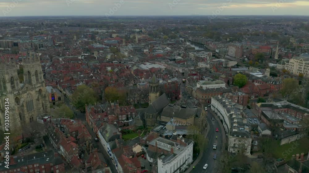 Drone shot capturing an aerial view of York city and York Minster at dusk in the United Kingdom Drone shot capturing an aerial view of York city and York Minster at dusk in the United Kingdom