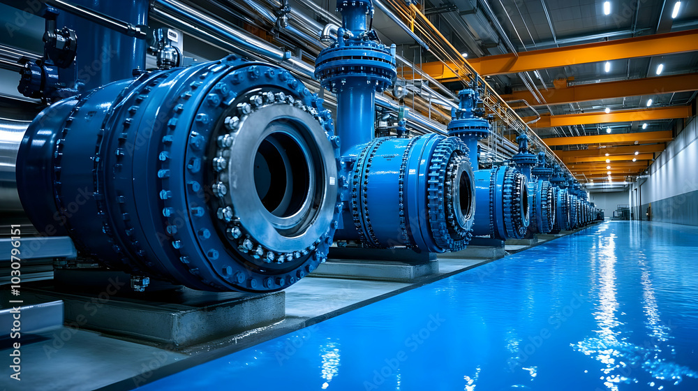 Industrial water pumps in a modern facility with blue flooring. Industrial water pumps in a modern facility with blue flooring.