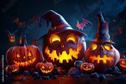 Halloween party. Funny, scary characters for the party concept. 3D Creepy, scary. Dark banner for advertising. Vector illustration. with generative ai photo