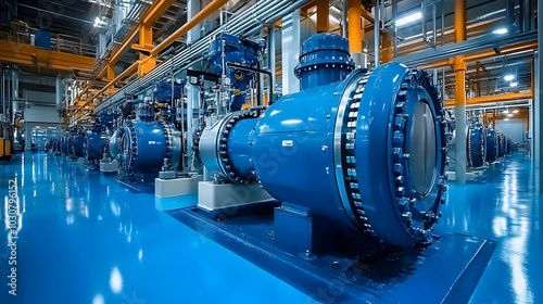 Industrial facility with blue turbines and equipment in a factory.