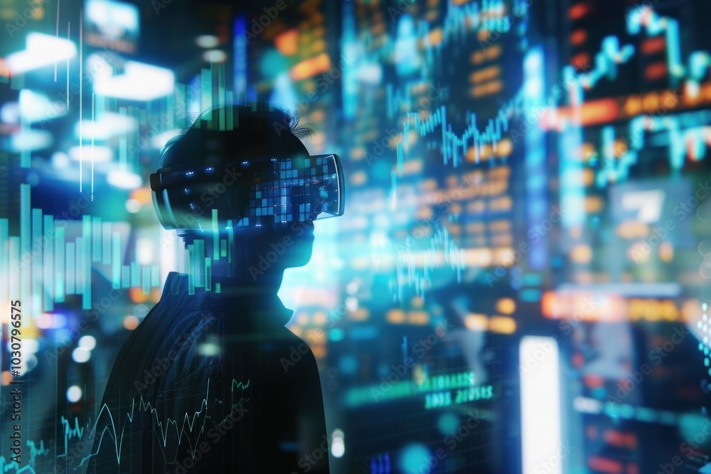 A trader studying cryptocurrency charts projected onto a massive digital screen in the center of a futuristic trading floor A trader studying cryptocurrency charts projected onto a massive digital screen in the center of a futuristic trading floor