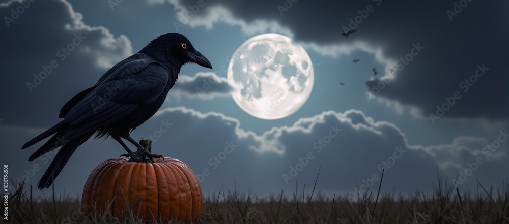 Fototapeta premium A crow perches on a Halloween pumpkin amidst a scary night scene with clouds a full moon and bats flying