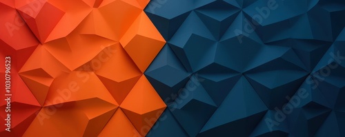 A vibrant geometric design features contrasting orange and blue hues with a textured, angular surface, creating a dynamic visual appeal.