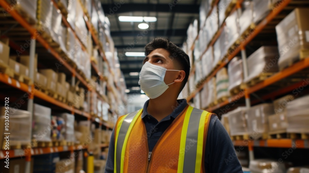 Warehouse Worker in Safety Vest Standing in Front of Shelves Warehouse Worker in Safety Vest Standing in Front of Shelves