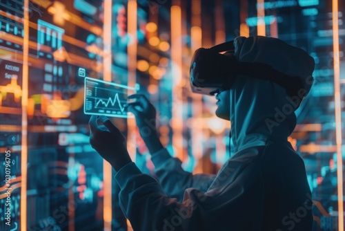 A trader studying cryptocurrency charts projected onto a massive digital screen in the center of a futuristic trading floor