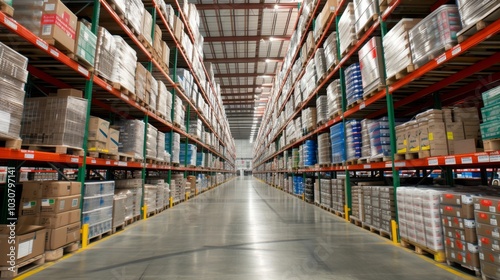 Industrial Warehouse Interior: Rows Of Shelving Filled With Packed Boxes