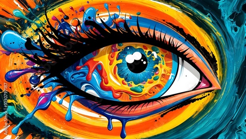 Colorful eye. Abstract hipnotizing eye. A painted artwork pop art style. Colorful eye with abstract background. Psychedelic eye painting, Colorful eye painting.  Single Eye Gazes Out from a Vibrant BG photo