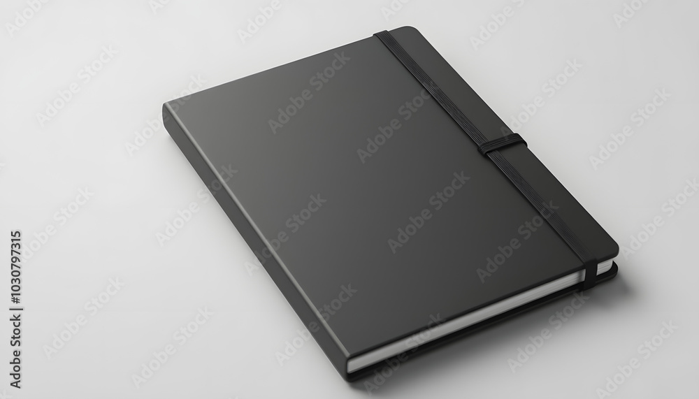 Black Notebook with elastic band on soft gray background. 3D rendering isolated with white highlights, png Black Notebook with elastic band on soft gray background. 3D rendering isolated with white highlights, png