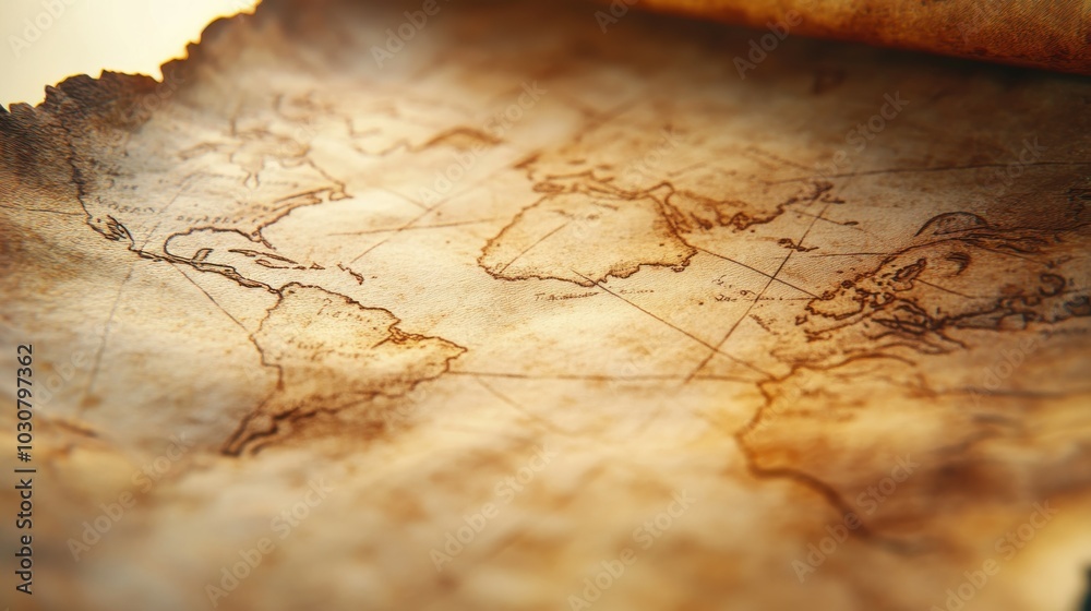 A close-up of an antique world map with faded parchment texture, worn edges, and intricate hand-drawn lines, showing historical continents and old trade routes, with a warm, sepia-toned atmosphere A close-up of an antique world map with faded parchment texture, worn edges, and intricate hand-drawn lines, showing historical continents and old trade routes, with a warm, sepia-toned atmosphere