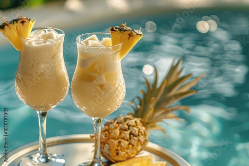 Two Pina Colada cocktails on the background of pool. Cocktail with pineapples and ice cubes on a blue background photo