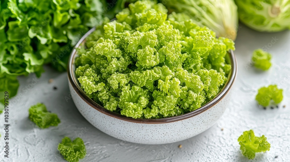 Fresh Green Coral Lettuce in Ceramic Bowl with Rustic Background for Healthy Eating Concept Fresh Green Coral Lettuce in Ceramic Bowl with Rustic Background for Healthy Eating Concept