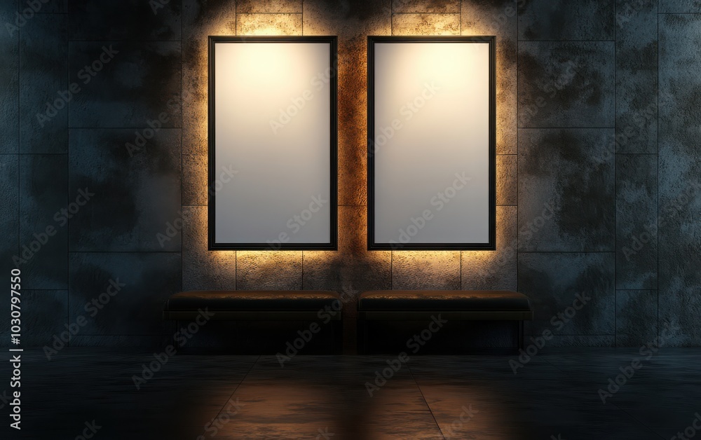 A creative 3D rendering of a modern exhibition room with two blank vertical posters illuminated by soft lighting on the wall A creative 3D rendering of a modern exhibition room with two blank vertical posters illuminated by soft lighting on the wall