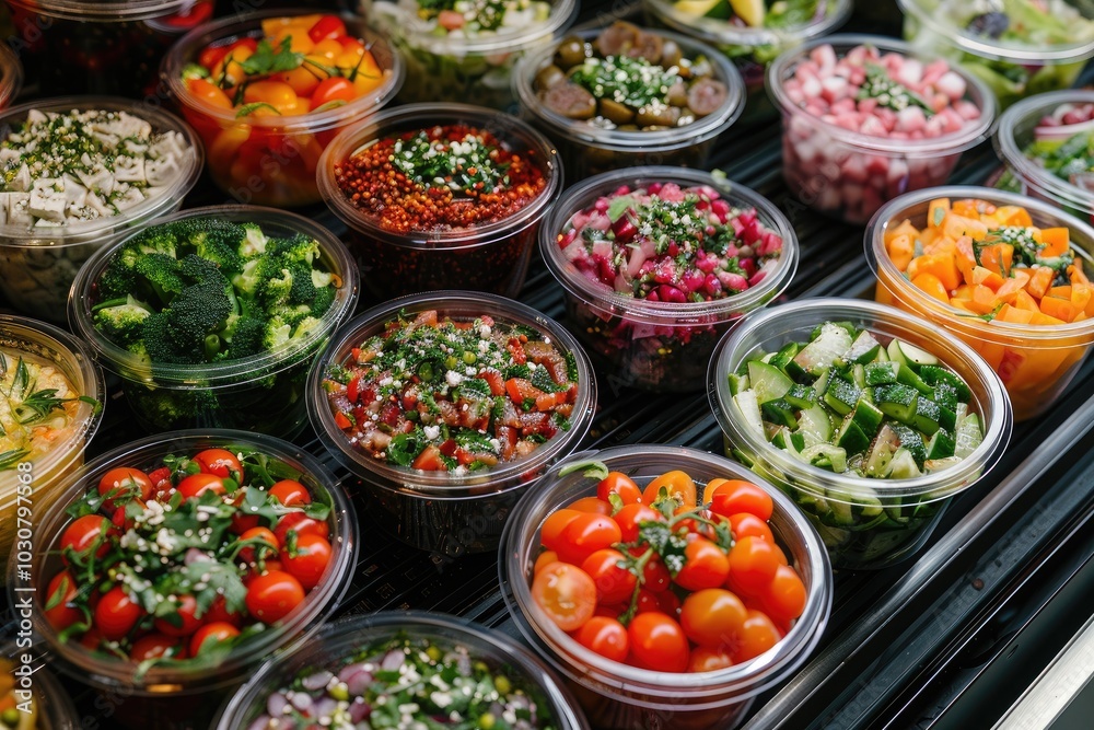 Vegetables are cut in plastic round boxes. Preparations for salad in restaurant, top view. Vegetables are cut in plastic round boxes. Preparations for salad in restaurant, top view.