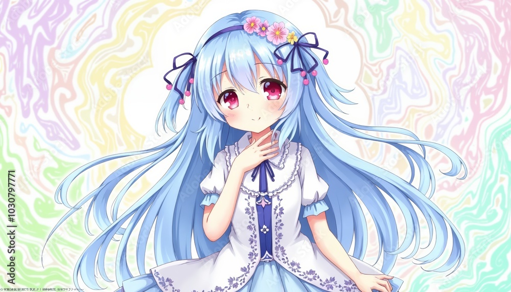 Whimsical Anime Character with Flowing Hair Surrounded by Soft Colors and Patterns Whimsical Anime Character with Flowing Hair Surrounded by Soft Colors and Patterns