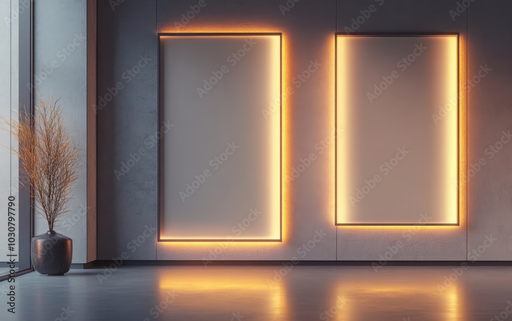 A creative 3D rendering of a modern exhibition room with two blank vertical posters illuminated by soft lighting on the wall A creative 3D rendering of a modern exhibition room with two blank vertical posters illuminated by soft lighting on the wall
