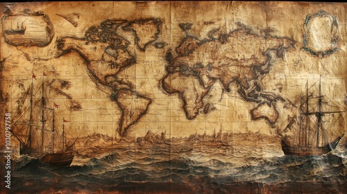 An old, worn map of the world with rich sepia tones and hand-drawn illustrations of ancient seas and ships, zoomed in on one corner, showing the artistry of old cartography with blank copy space