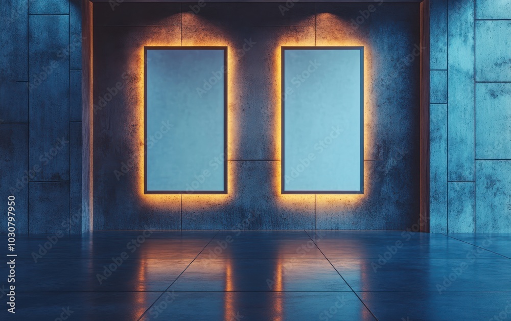 A creative 3D rendering of a modern exhibition room with two blank vertical posters illuminated by soft lighting on the wall