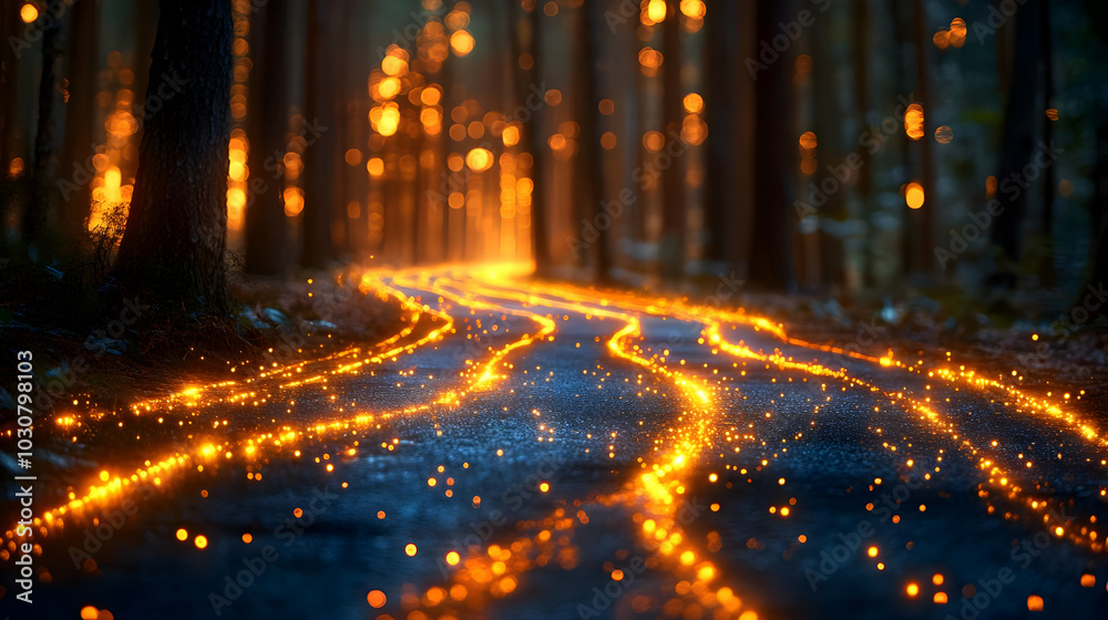 A glowing pathway through a forest, illuminated by warm lights. A glowing pathway through a forest, illuminated by warm lights.
