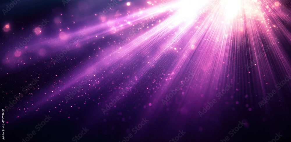 Radiant purple light beams with sparkling particles on dark background Radiant purple light beams with sparkling particles on dark background
