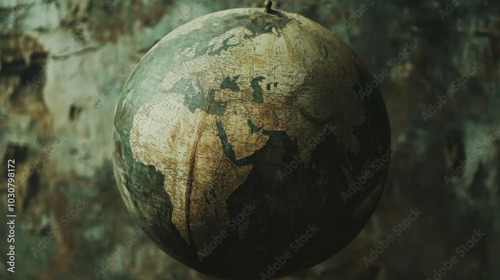 An aged globe featuring well-worn surfaces with faded colors and historical geography details, photographed in high-definition with soft, natural lighting, leaving ample copy space in the blurred An aged globe featuring well-worn surfaces with faded colors and historical geography details, photographed in high-definition with soft, natural lighting, leaving ample copy space in the blurred