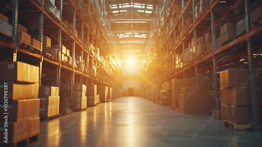 Warehouse Interior with Rows of Shelves and Boxes Warehouse Interior with Rows of Shelves and Boxes