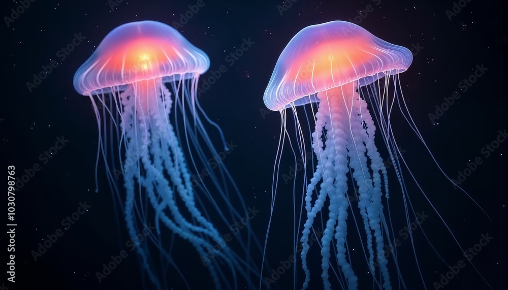 Mesmerizing Jellyfish Dance Amidst a Starry Ocean Backdrop Captivating Marine Life in Motion Mesmerizing Jellyfish Dance Amidst a Starry Ocean Backdrop Captivating Marine Life in Motion