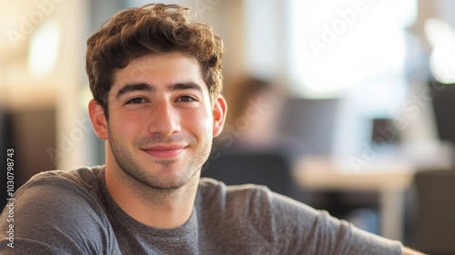 Young man with short dark hair and light stubble, stretching at his desk with a relaxed smile, contemporary office space with neutral tones, background in soft blur showing modern office layout