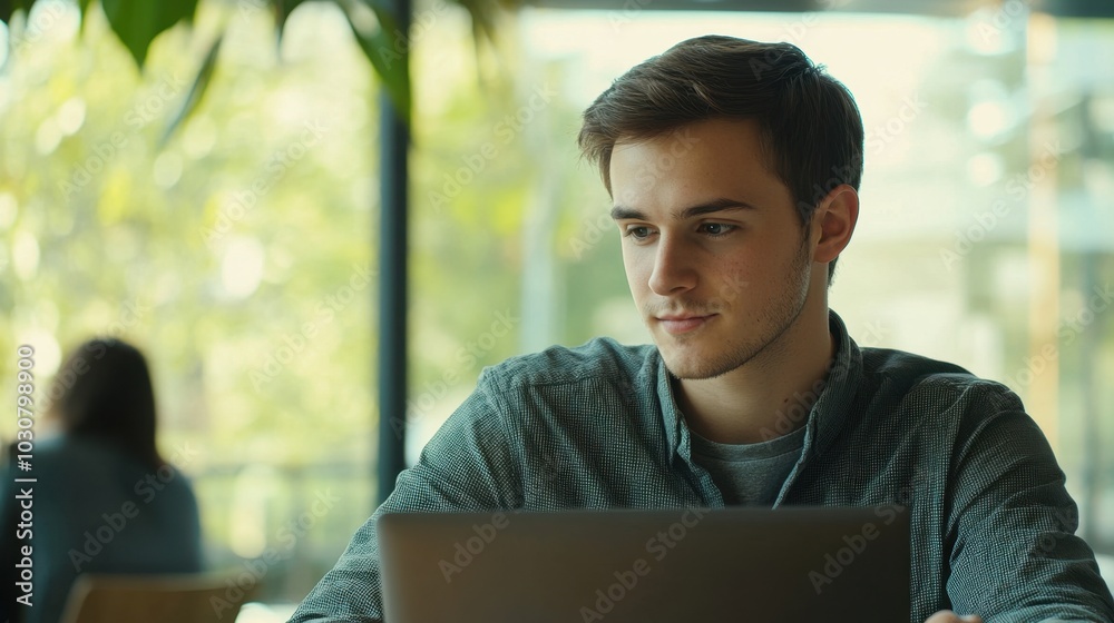 Young man with short dark hair and light stubble, sitting at a laptop in a modern office, natural daylight streaming through a large window, blurred background with colleagues working Young man with short dark hair and light stubble, sitting at a laptop in a modern office, natural daylight streaming through a large window, blurred background with colleagues working