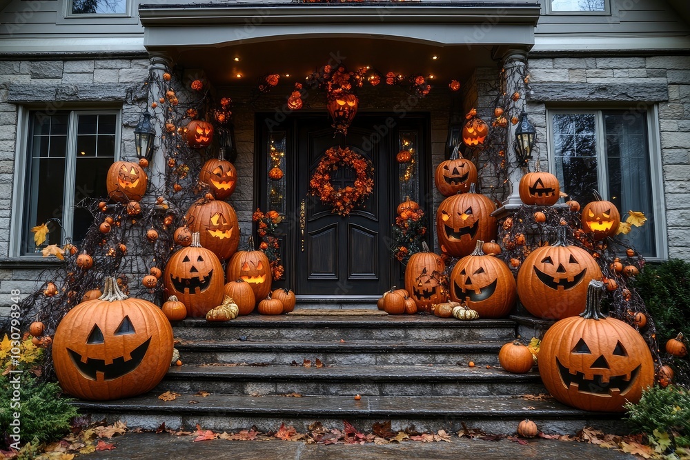 Obraz premium Halloween pumpkin decorations. Pumpkin for decorated house. Halloween Decorated at front yard of a American home. Halloween decorated front door with pumpkins.with generative ai