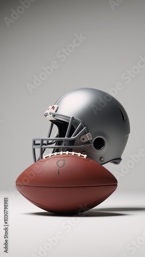 A high-definition 3D rendering showcases an American Football ball and helmet as sports goods icon photo