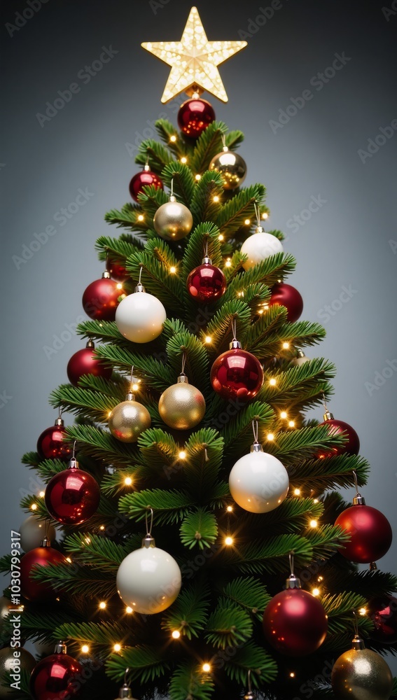 Fototapeta premium A lavishly adorned Christmas tree features colorful ornaments sparkling lights and a shining star atop it