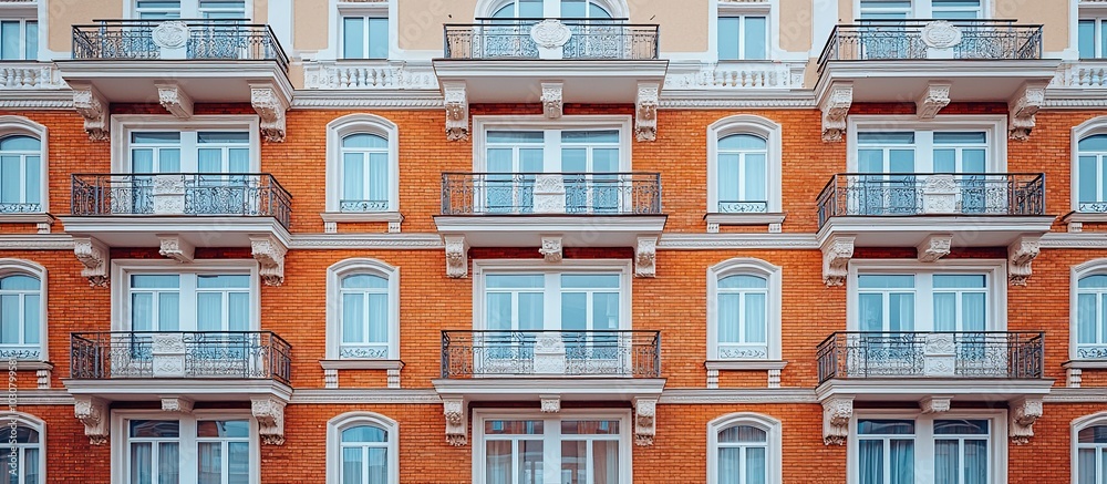 Facade of a Red Brick Building with Balconies Facade of a Red Brick Building with Balconies
