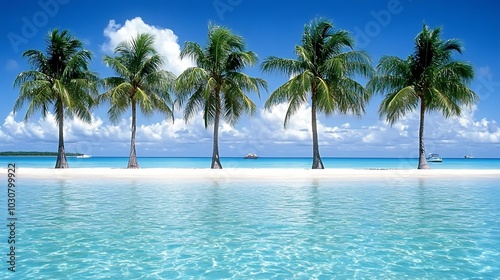 Five palm trees on a white sand beach with blue water and sky. photo