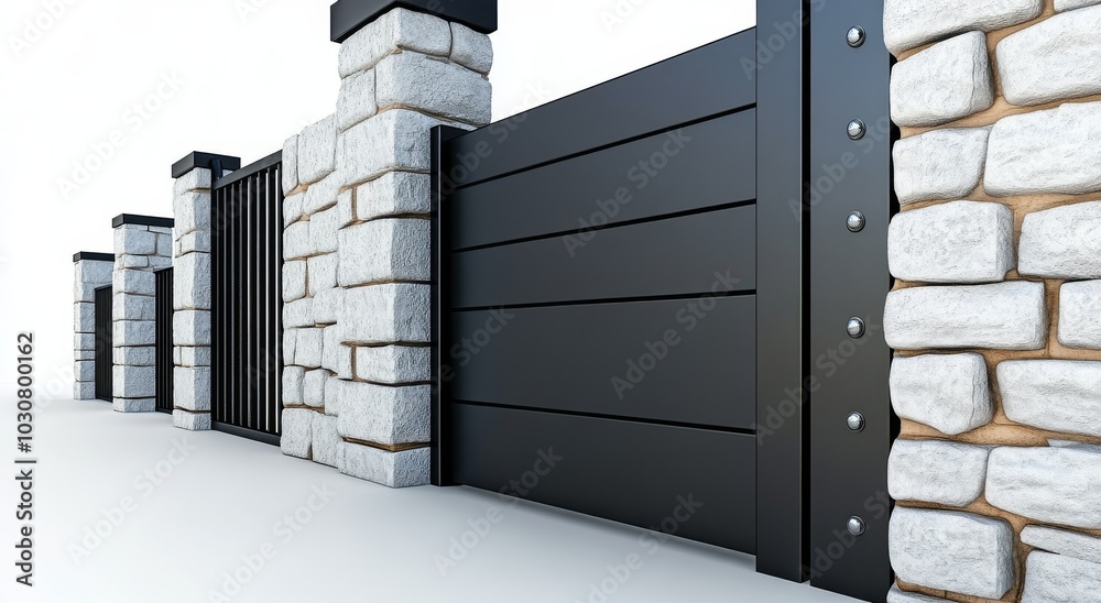Black Iron Gate with White Stone Pillars Black Iron Gate with White Stone Pillars