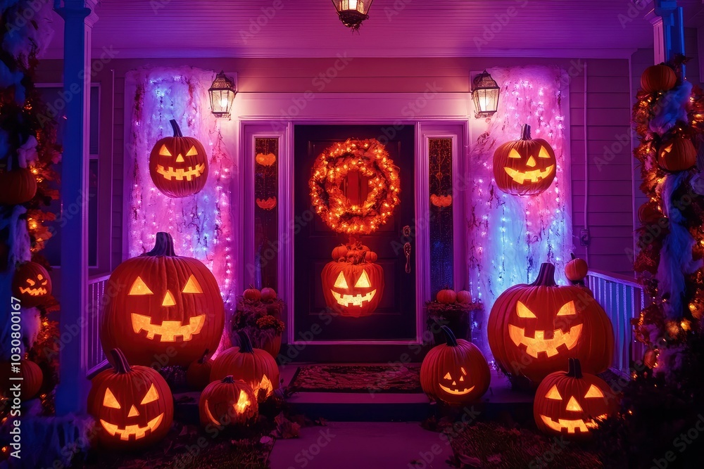 Obraz premium Halloween pumpkin decorations. Pumpkin for decorated house. Halloween Decorated at front yard of a American home. Halloween decorated front door with pumpkins.with generative ai