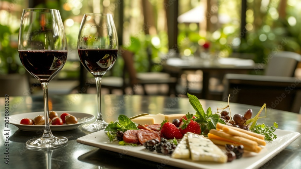 Gourmet Cheese Board with Red Wine - Perfect Appetizer for Outdoor Dining Gourmet Cheese Board with Red Wine - Perfect Appetizer for Outdoor Dining