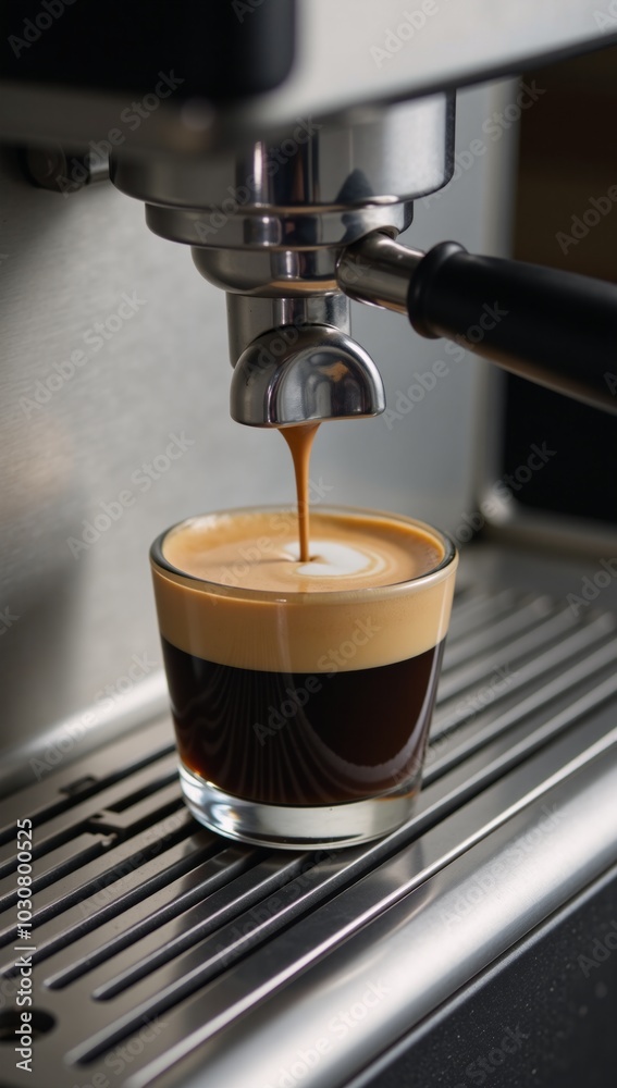 Close-up shot of espresso pouring from coffee maker showcasing expert brewing technique Close-up shot of espresso pouring from coffee maker showcasing expert brewing technique