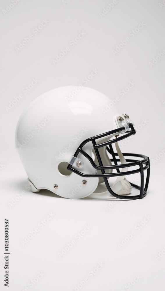 A modern American football helmet fills a crisp white backdrop with intricate details and striking clarity A modern American football helmet fills a crisp white backdrop with intricate details and striking clarity
