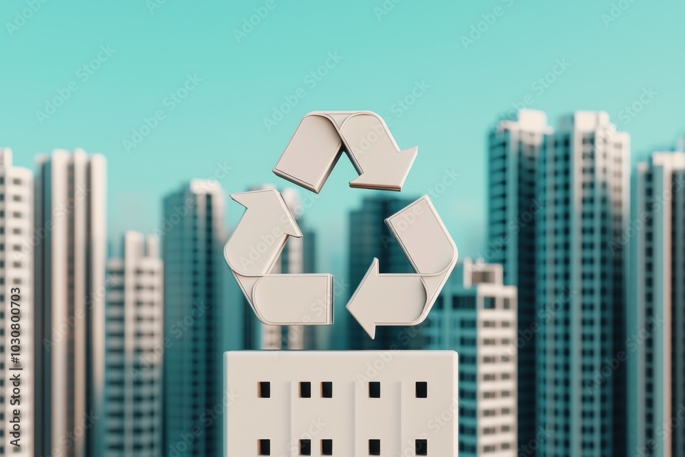 White recycling symbol on top of modern skyscrapers White recycling symbol on top of modern skyscrapers