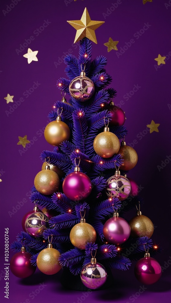 A Christmas tree decorated with gold ornaments adorns a purple backdrop complete with a shimmering gold star atop A Christmas tree decorated with gold ornaments adorns a purple backdrop complete with a shimmering gold star atop
