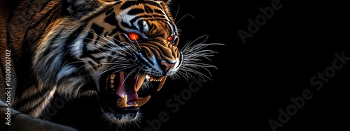 Wallpaper Mural Tiger banner. Fierce looking tiger on black background. Fierce animal concept. Red glowing eyes. growling. Wild animal. Attack pose  Torontodigital.ca