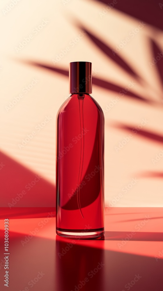 Elegant red glass bottle with shadows, creating a modern aesthetic. Elegant red glass bottle with shadows, creating a modern aesthetic.