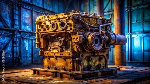 Night Photography of a Rusty Yellow Engine Block on a Steel Table with Blue Accents