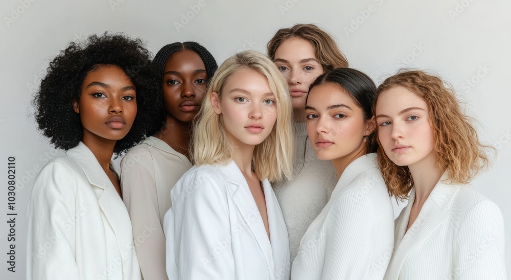 Women in light outfits posed together in soft lighting Women in light outfits posed together in soft lighting