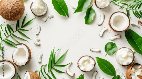 Coconut Oil and Leaves on White Background - Tropical Beauty