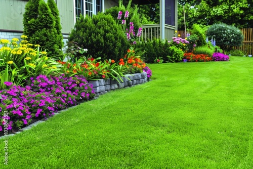 A suburban house with a lush garden filled with flowers and shrubs