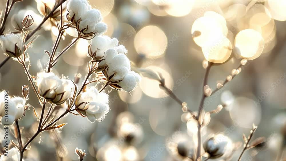 Soft cotton flowers illuminated by gentle sunlight, creating a serene and dreamy atmosphere. Soft cotton flowers illuminated by gentle sunlight, creating a serene and dreamy atmosphere.