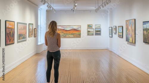 Visitor appreciating artwork in a contemporary gallery setting